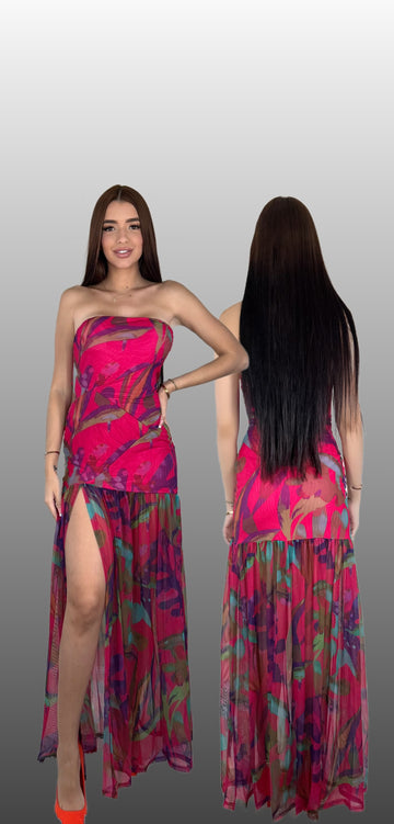Tropical Print Strapless Tube Top Maxi Dress Mesh