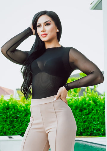 Girl Talk Mesh Bodysuit in Black