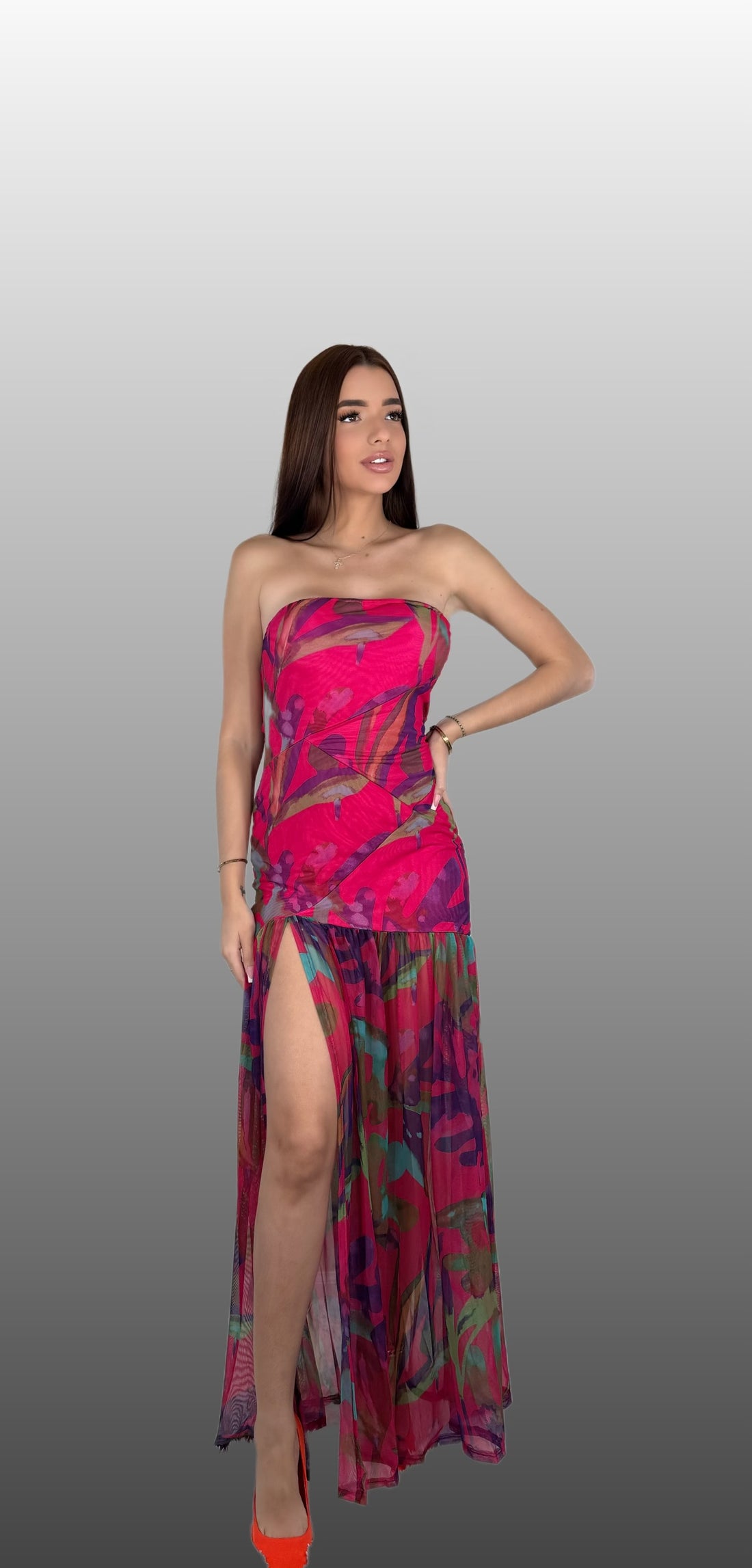 Tropical Print Strapless Tube Top Maxi Dress Mesh