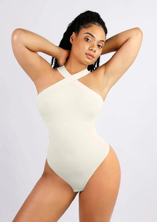 Anna's Seamless Crossover Halter Thong Shaping Bodysuit White