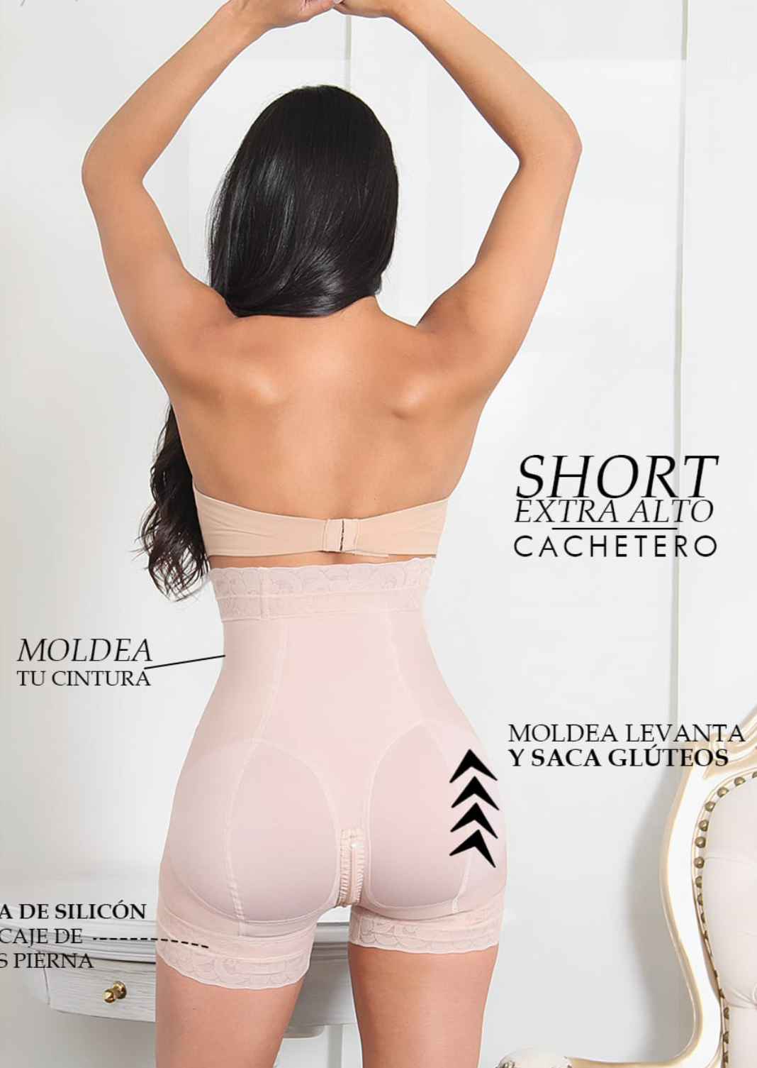 Alina Colombian High Waisted Butt Lifting Shorts Beige Cremallera