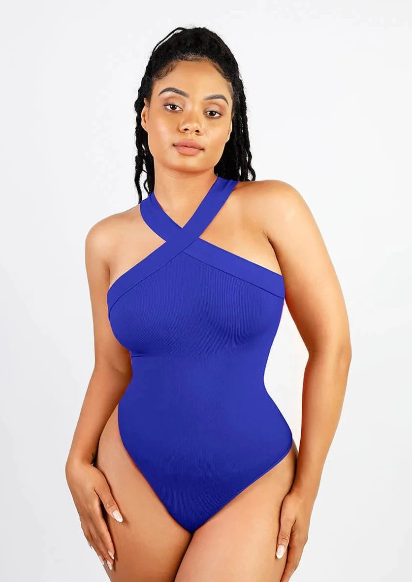 Anna's Seamless Crossover Halter Thong Shaping Bodysuit Blue