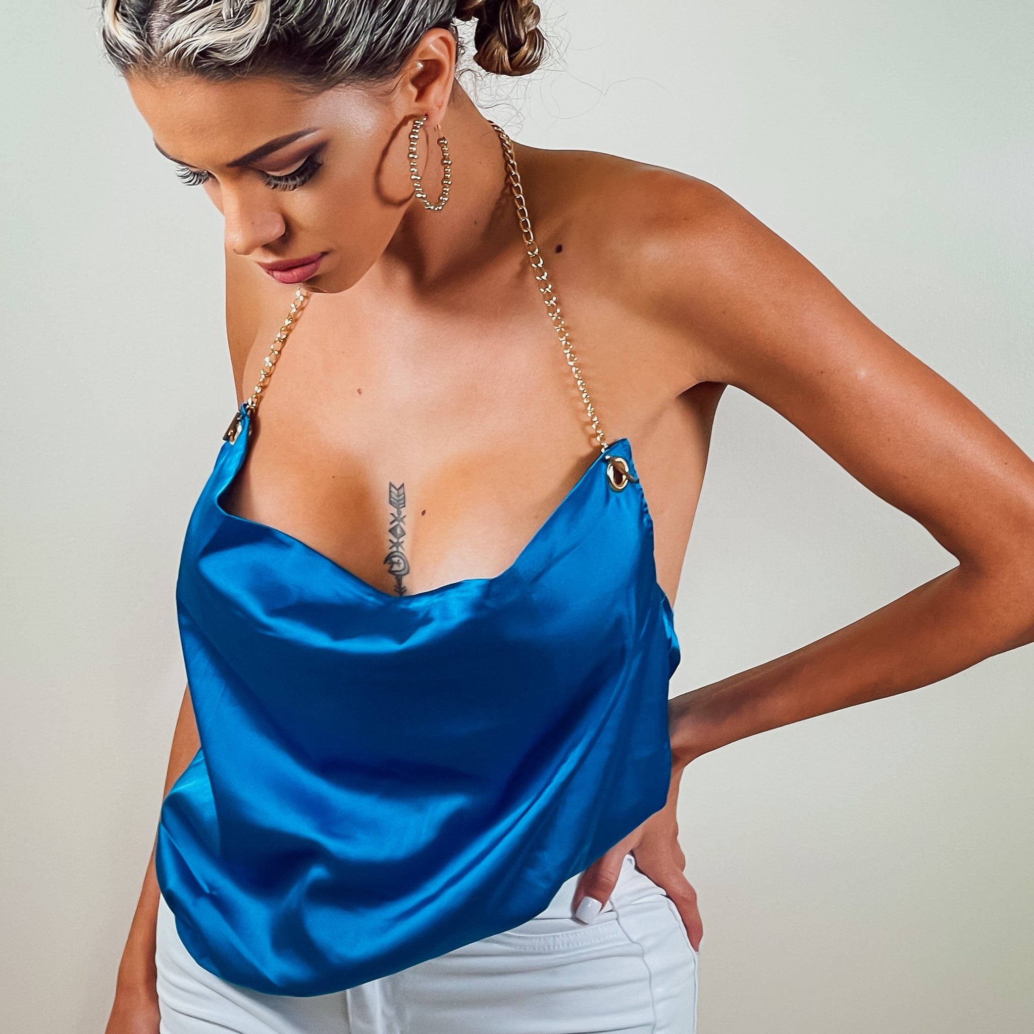 Melody's Chains Satin Party Top Black Blue