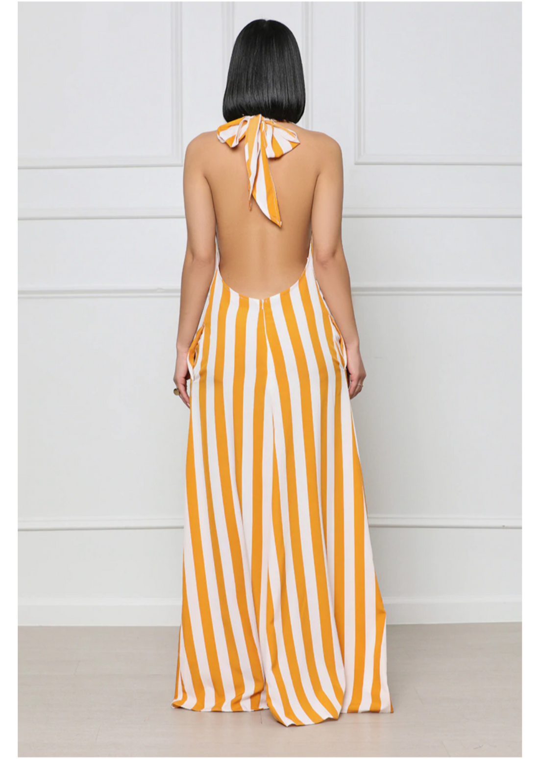 STRIPED HALTER MAXI DRESS WITH POCKET YELLOW