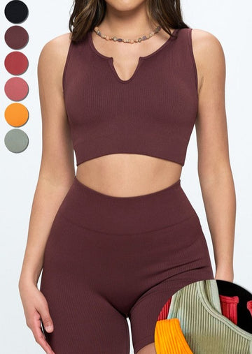 SEAMLESS SET RIBBED STRETCH WORK OUT 2 PIECE SETS BROWN